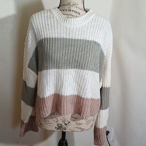 Sincerely Jules Women's Striped Crew Neck Sweater - White, Green,and Brown SizeM